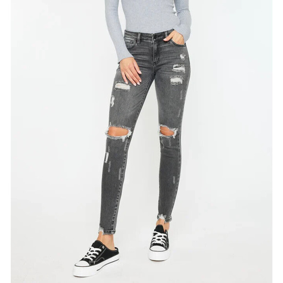 KanCan Cora Jean Womens 3/25 Light Gray Mid Rise Distressed Ripped Super Skinny - Picture 13 of 15